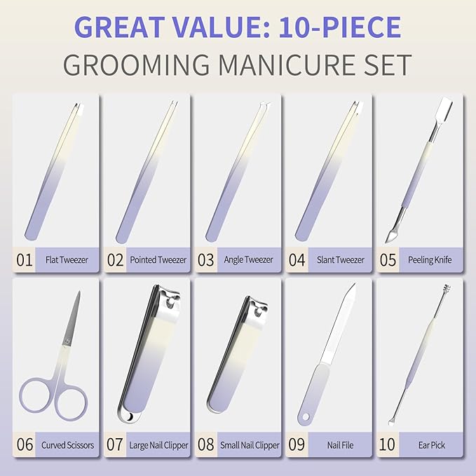 Manicure Set 10 in 1 Stainless Steel Nail Clippers Scissors Tweezers Grooming Kit with Travel Case (Purple)