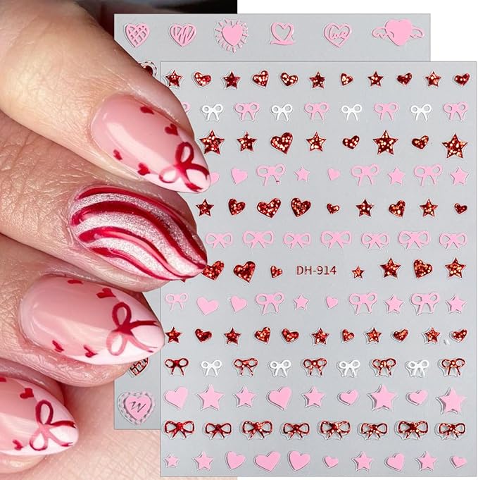 10 Sheets Valentines Nail Stickers Hollow Hearts Nail Decals 3D Self Adhesive Pink Red Bow Peach Heart Shaped Nail Art Stickers French Heart Nail Decorations for Women DIY Nail Art Designs Supplies