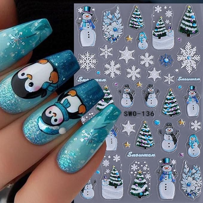 Christmas Nail Art Stickers Snowman Nail Decals with Christmas Tree Elk Snowflakes Design 3D Self-Adhesive Nail Stickers Acrylic Nail Supplies for Women DIY Xmas Decor 2 Sheets
