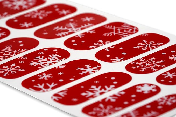 | 20 Exquisite Gel Nail Polish Strips w/Application Accessories - No UV/LED Lamp Required (Holiday | White Snow Flakes & Red)