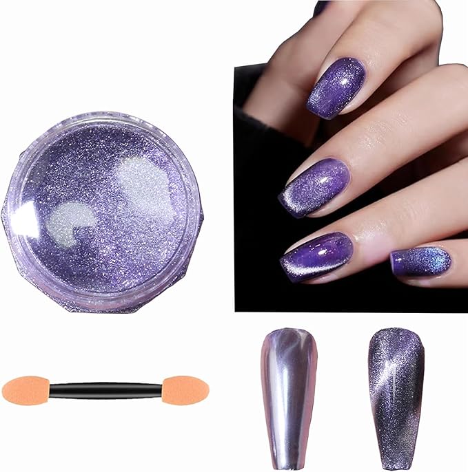 WEILUSI Cat Eye Chrome Powder Holographic Purple Magnetic Powder Glitter Mirror Effect 9D Cat Eye Effect Nail Pigment Glitter Galaxy Effect Dust for Nail Art Manicure Gel Polish