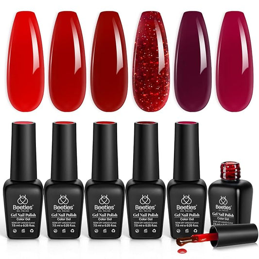 Beetles Red Jelly Gel Nail Polish Set - Luminous Ruby Jelly Gel Polish, 6 Colors Burgundy Red Gel Nail Kit Neutral Sheer Translucent Effect Soak off UV DIY Salon Manicure Gift for Women