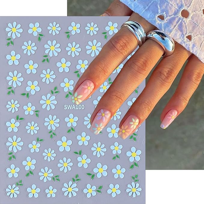 6 Sheets Flower Nail Stickers 3D Self-Adhesive Spring Floral Line Nail Decals for Acrylic Nails, Blue Pink White Flower Nail Art Stickers for Women DIY Nail Art Decoration Supplies