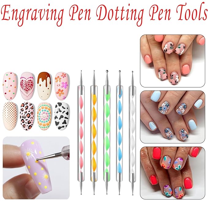 23 Piece Nail Art Tools Set Resin Nail Art Palette Nail Art Brush 2-way Acrylic Silicone Engraving Pen Dotting Pen Tools DIY Home Salon Makeup Display Board Nail Art Kit (White)