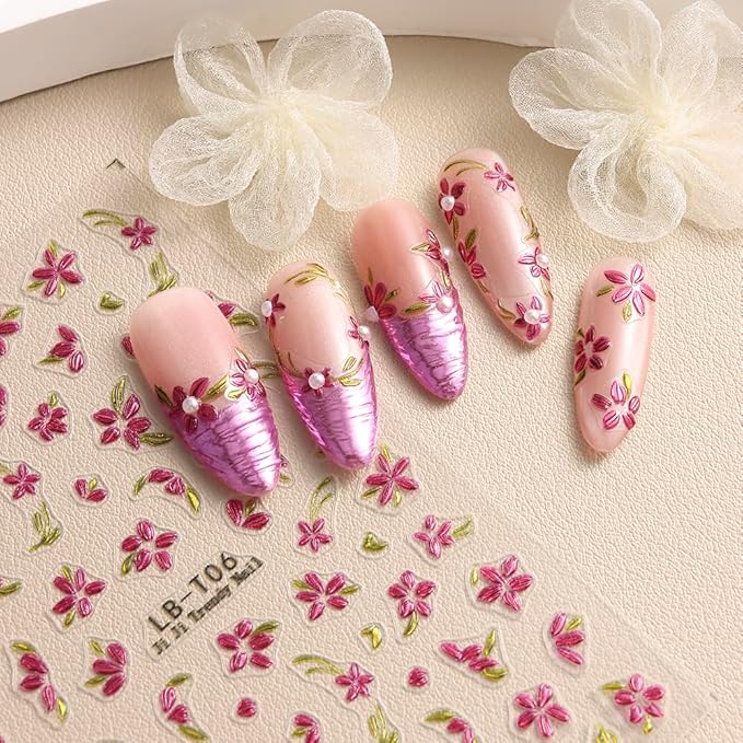 5 Sheets Bronzing Flower Nail Art Stickers Decals, Metallic Floral Leaf Plant 5D Embossed Nail Decals Self-Adhesive Nail Supplies Nail Art Design Decoration Accessories for Women and Girls