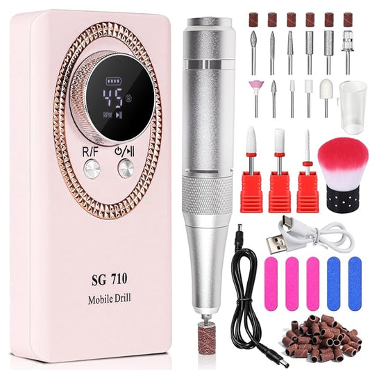 Electric Nail File for Acrylic Nail Kit, 45000RPM Electric Nail Drill Professional Manicure Pedicure Set with Nail Drill Kit Bits, Efile Cordless for Manicure