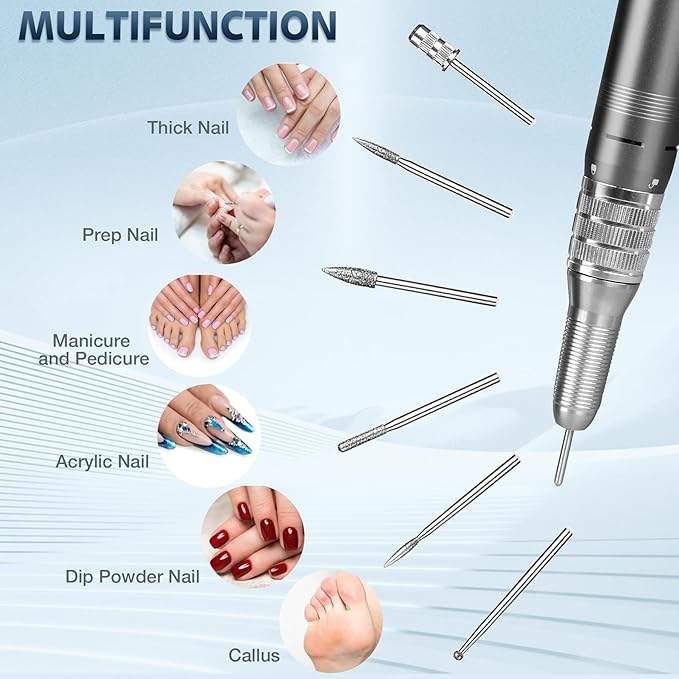 Nail Drill Professional, HoMove 35000RPM Portable Nail Drill Machine, Rechargeable Efile Nails Drill, Low Heat Electric Nail File for Acrylic Gel Nails[Grey]