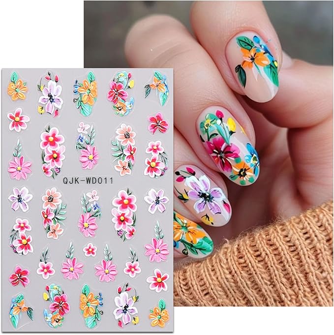 JMEOWIO 6 Sheets Flower Nail Art Stickers Decals Self-Adhesive Spring Summer Floral Nail Supplies Nail Art Design Decoration Accessories