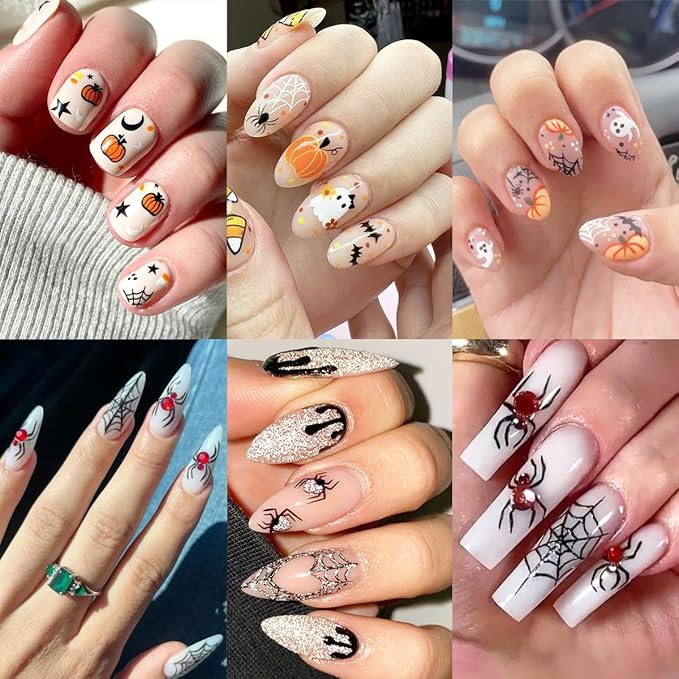 8 Sheets Halloween Nail Stickers Black Red Silver Spider Web Nails Art Stickers Decals 3D Self-Adhesive Cute Ghost Pumpkin Spider Skeleton Nail Decals for Women DIY Manicure Party Nails Decorations