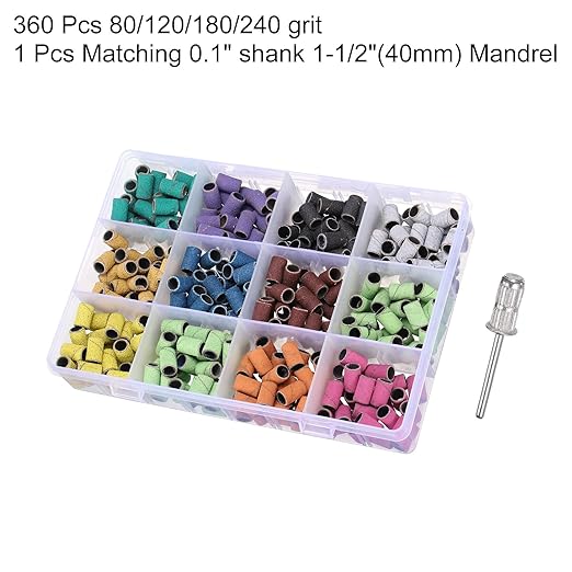 HARFINGTON 360pcs Small Sanding Bands 80/120/180/240 Grit for Nail Drill Bits Mini Sanding Band for Nails Gel Manicures Colorful