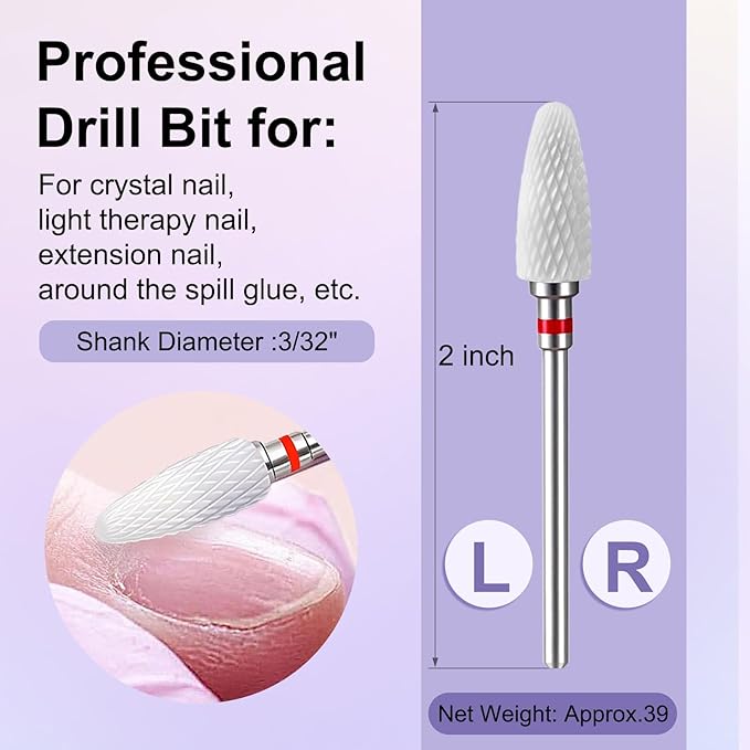 Fantexy 3/32" Ceramic Nail Drill Bit - Remove Acrylic Hard Gels Quickly and Safely,White Ceramic Cone File Bit for Nail Art,Manicure,Pedicure,Gel,Cuticle Clean(Fine - F)