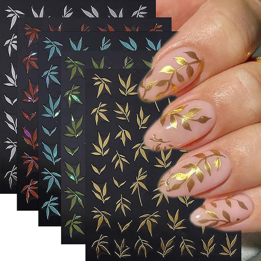 5 Sheets Fall Nail Stickers Colorful Bamboo Leaf Nails Decals 3D Self Adhesive Orange Blue Green Silver Gold Nails Design Autumn Nail Art Stickers Fall Leaves Sticker for Women Manicure Supplies