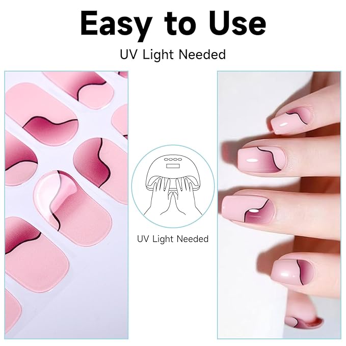 Semi Cured Gel Nail Strips, 28 pcs Gel Nail Stickers Work with Any UV Lights, Long-Lasting Nail Wraps, Stick on Nails for women Easy to Apply & Remove
