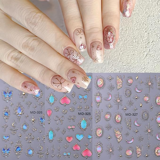 Retro Sun Moon Star Nail Art Stickers Baroque Style Nail Design Nail Decals 5D Embossed Self-Adhesive Butterfly Nail Stickers Red Blue Heart Bow Nail Decoration Supplies for Women DIY Manicure -3Pcs