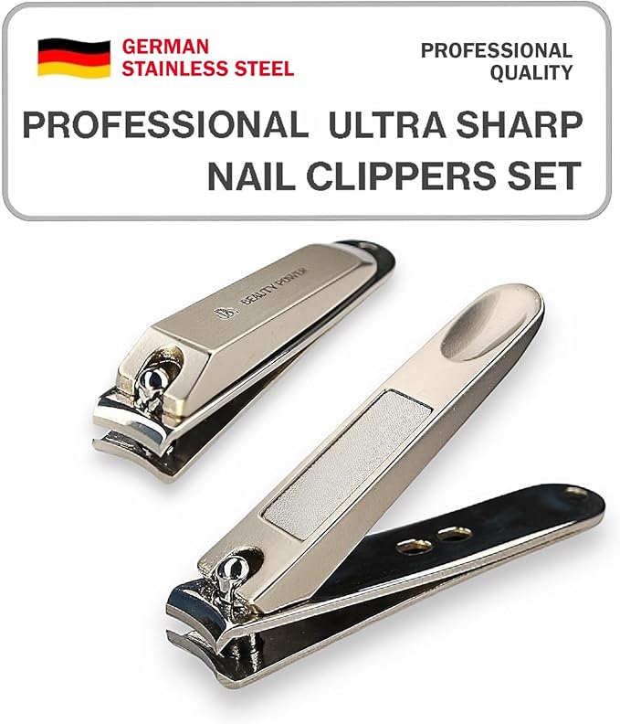 Nail Clippers Set 3 in 1 - Stainless Steel Toe Nail Clippers, Fingernail Clipper, Glass Nail File, Anti Splash, Ergonomic Grip in PU Leather Travel Case for Men & Women (Black Case)