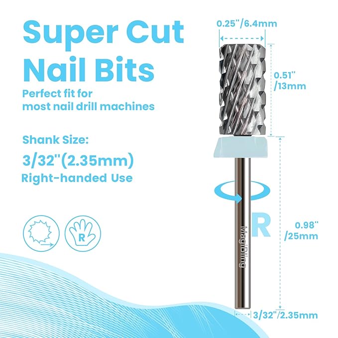 Super Cut Large Barrel Nail Drill Bits for Professional Users, 3/32'' Tungsten Carbide Bits, Upward Deep Cut, Remove Hard Gel Fast, Right Hand Use, Manicure Cuticle Gel Polishing, Quadruple Coarse.