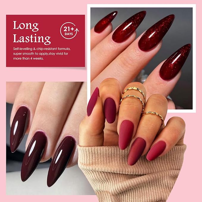 MEET ACROSS Red Gel Nail Polish Set, 8 Colors Bloody Mary Collection Shimmer Red Burgundy Gel Polish Kit Nail Art Design Soak Off Uv LED Gel Nail Kit Minicure DIY Home Gifts for Mom