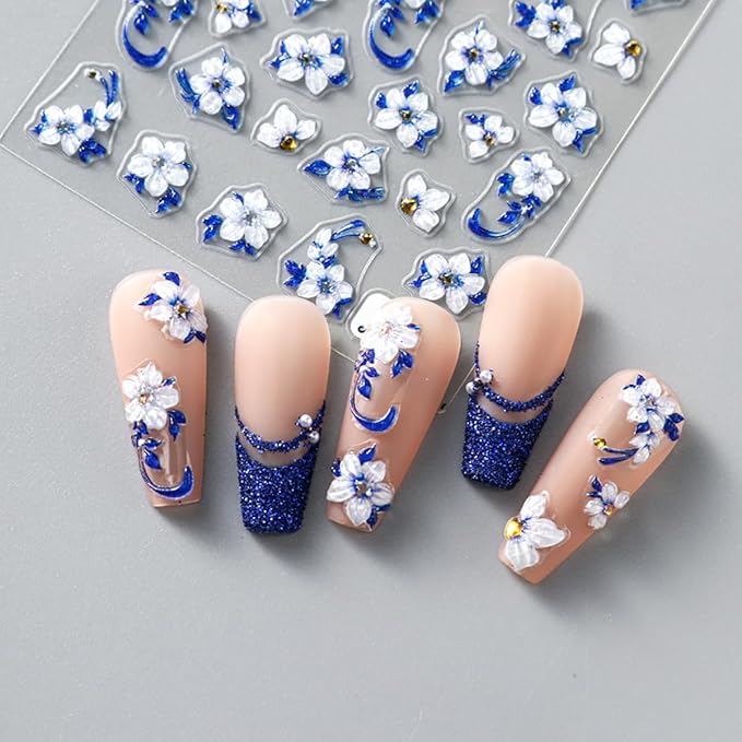 5D Flower Nail Art Stickers Blue Glitter Shiny Flowers Nail Decals 1 Sheets Embossed Floral Nail Stickers Self-Adhesive Blue Flower Nail Supplies for Women Girls Manicure Nail Decoration Accessories