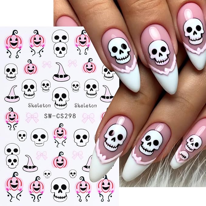 Halloween Nail Art Stickers 3D Bat Spider Web Halloween Nail Decals Self-Adhesive Nail Art Supplies 6PCS Pink Pumpkin Skull Butterfly Skeleton Design Holiday Nail Stickers for Women DIY Nail Salon