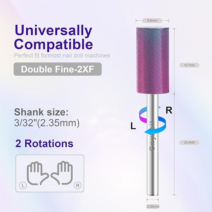 3/32" Large Barrel Bit Tungsten Carbide Nail Drill Bit Safety Bit for Gel & Acrylic Removal, 2- Way Rotating Efile Tip, Salon Electric File Accessory (XXF Girt, Purple)
