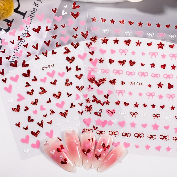 10 Sheets Valentines Nail Stickers Hollow Hearts Nail Decals 3D Self Adhesive Pink Red Bow Peach Heart Shaped Nail Art Stickers French Heart Nail Decorations for Women DIY Nail Art Designs Supplies