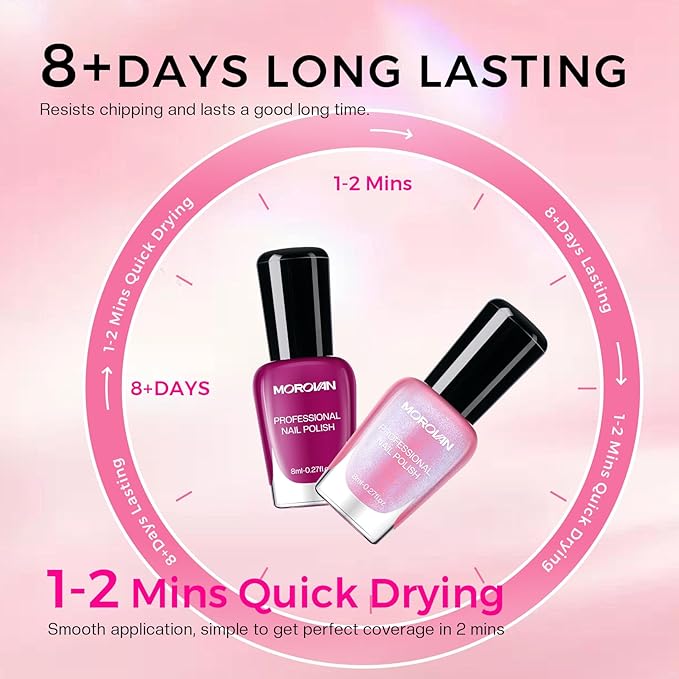 Morovan Pink Nail Polish Set: 6 Colors Neon Hot Pink Nail Polish Glitter Pearl Bright Iridescent Quick Dry Fuchsia Mini Pack Shimmer Manicurist Valentine's Day Gift for Women Girls