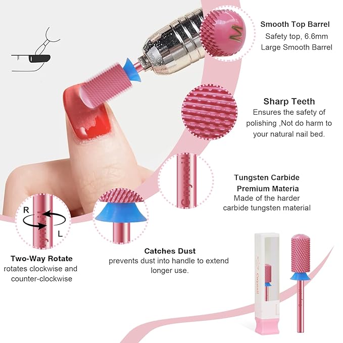 3/32" Large Barrel Smooth Round Top Tungsten Carbide Nail Drill Bit Safety Bit for Gel & Acrylic Removal, 2-Way Rotating Efile Tip, Salon Electric File Accessory (M Grit, Rose Red)
