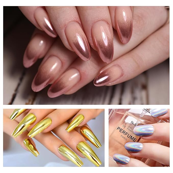 8 Colors Chrome Nail Powder Set Metallic Mirror Effect Holographic Pigment Powder Iridescent Pearlescent Nail Art Decoration for Manicure & Women Gift, 8 Boxes