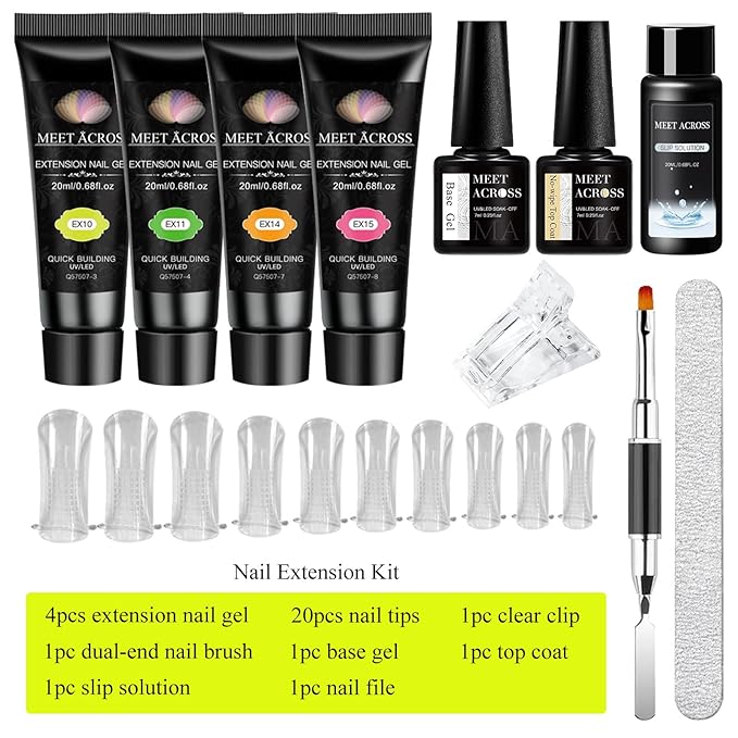 MEET ACROSS Poly Nail Gel 10Pcs Nail Extension Gel Set and Nail Extension Starter Kit for Beginners Nail Art DIY Home Gifts for Women (Neon, 12pcs)