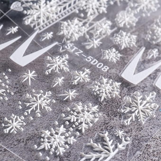 Snowflake Nail Art Sticker Decals Christmas 5D Embossed French White Snowflake Nail Art Accessories Self-adhesive Nail Art Supplies Decoration Snowflakes Lattice Elk Classic Autumn Winter Acrylic Nails Design, 8 Sheets (Snowflakes)