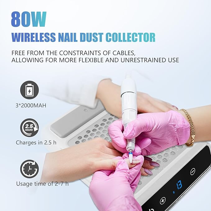 Nail Dust Collector Cordless for Acrylic Nail Art, 80W Nail Vacuum Dust Collector Quiet, 4500RPM Dust Collector Nail Tech, Nail Fan Dust Collector, Wind Speed Adjusted 1-45, Washable Filter