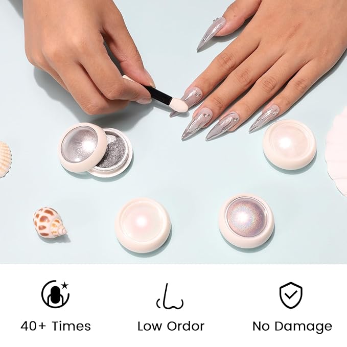 4 Jars Pearl Chrome Nail Powder Set, Metallic Mirror Effect Holographic Pigment Powder Mermaid Pearlescent Iridescent Chrome Nail Powder Nail Art Decoration Gift for Home & Salon