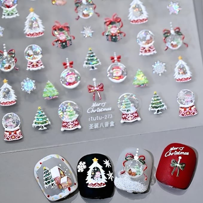 Christmas Nail Stickers 5D Self-Adhesive Winter Nail Art Sticker Snowman Snowflakes Nail Decals Christmas Crystal Ball Nail Design Xmas Tree Nail Art Decoration for Women and Girls
