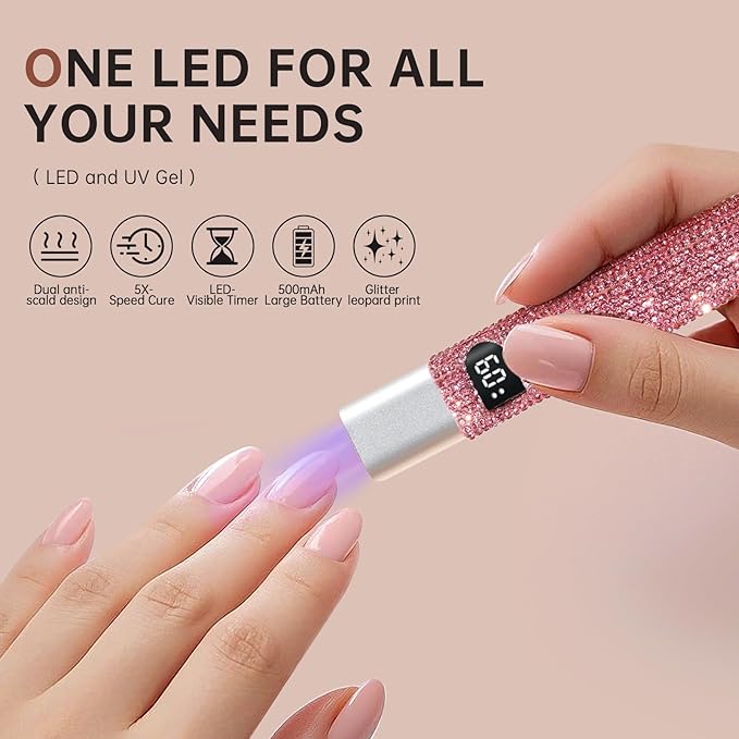 Handheld UV Light for Gel Nails,Mini LED Cordless Nail Lamp for Gel Nail Polish,Portable Flash Cure Lamp,Rechargeable USB Nail Dryer with LCD Display Fast Curing (Pink Diamond)