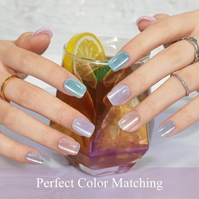 Press on Nails Short 5 Styles, Jofay Fashion 160Pcs Summer Cat Eye Press on Nails for Women, Reusable Opaque Gel Fake Nails, Square Glue On Nails Kit in 16 Sizes, Bubbles