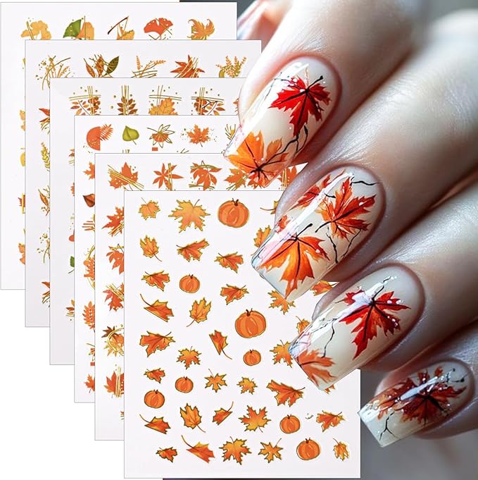 6 Sheets Fall Nail Art Stickers Autumn Maple Leaf Nail Stickers Thanksgiving Pumpkins Maple Leafs Nail Decorations Self-Adhesive 3D Gold Line Nail Design Sticker for Women DIY Manicure Supplies