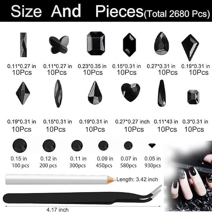 2680Pcs Black Rhinestones Nail Gems, 120pcs Big Black Nails Charms with Bling Flatback Round Beads, Light Black Clear Diamond Stones Jewelry Supplie for DIY Face Eyes Makeup Crafts Decoration
