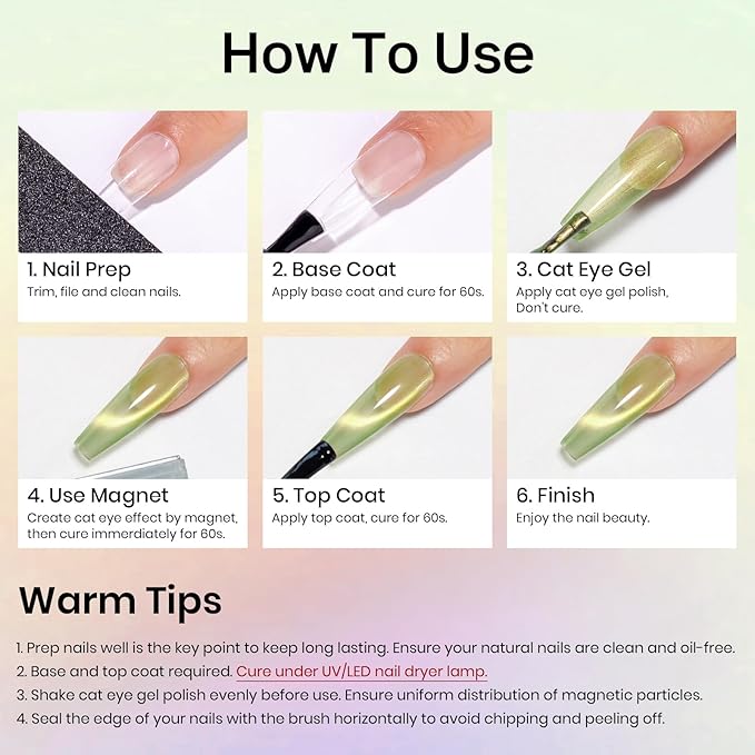 MIZHSE Cat Eye Gel Nail Polish, Fruit Colors Magnetic Gel Polish Set with Magnet, Neon Cateye Effect Green Purple Yellow Soak Off Nail Art Manicure Home Gift for Ladies