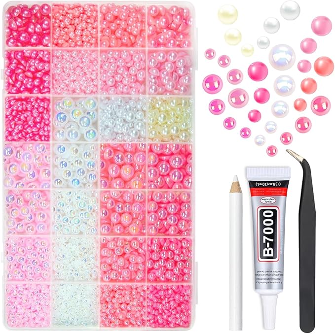 28 Types Pink Flatback Pearls w B7000 Jewelry Glue for Bedazzling Crafting 3mm 4mm 5mm 6mm 8mm 10mm Flatback Colorful Pink AB Half Pearls Charms for Face Eyes Makeup DIY Crafts Tumblers Bottles