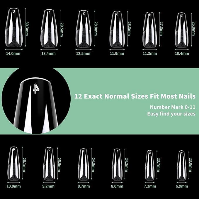 Long Coffin Nail Tips, 216pcs Acrylic Soft Ballerina Fake Nails Gel Nail Tips, Full Cover Pre-Shaped Matte Clear Press on Nails for Extension, Diy at Home Manicure 12 Sizes