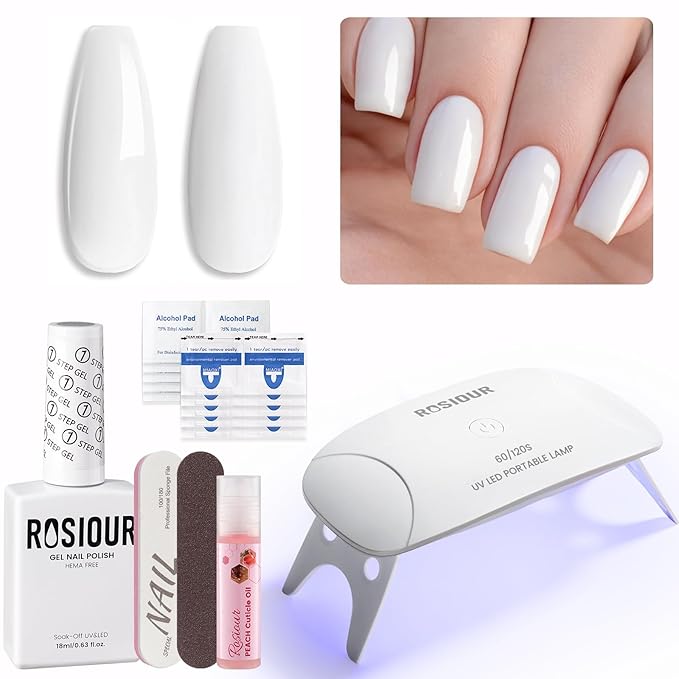 HEMA and TPO Free Gel Nail Polish Kit with U V Light, White One Step Gel Nail Polish 3-in-1, No Need Base and Top Coat Nail Kit with Everything, Nail Starter Manicure Tools Gifts for Women