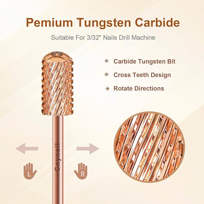 3/32" Large Barrel Smooth Round Top Tungsten Carbide Nail Drill Bit Safety Bit for Gel & Acrylic Removal, 2-Way Rotating Efile Tip, Salon Electric File Accessory (XC Grit, Rose Gold)