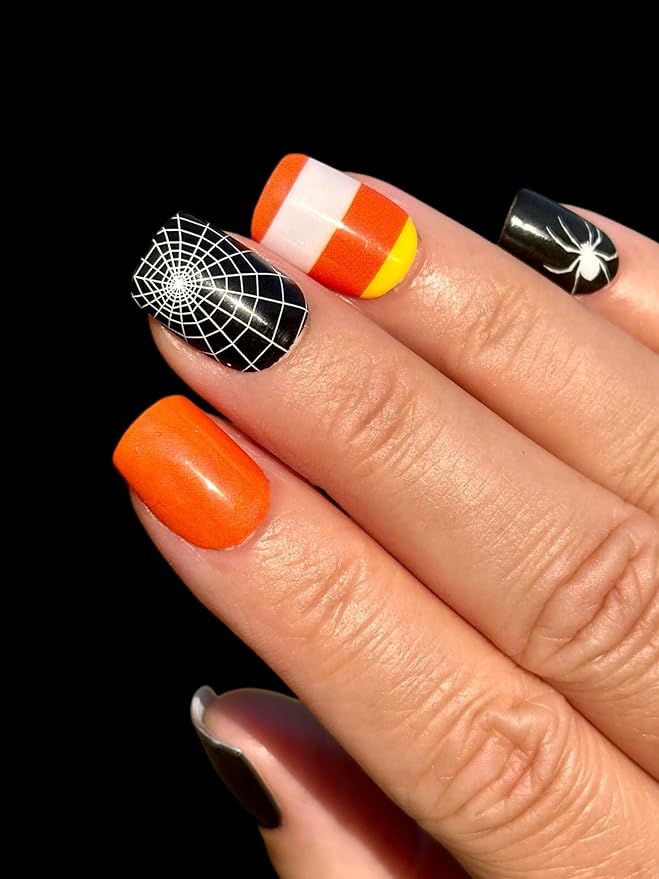 | 20 Exquisite Gel Nail Polish Strips w/Application Accessories - No UV/LED Lamp Required (Holiday | Candy Corn & Spiders)