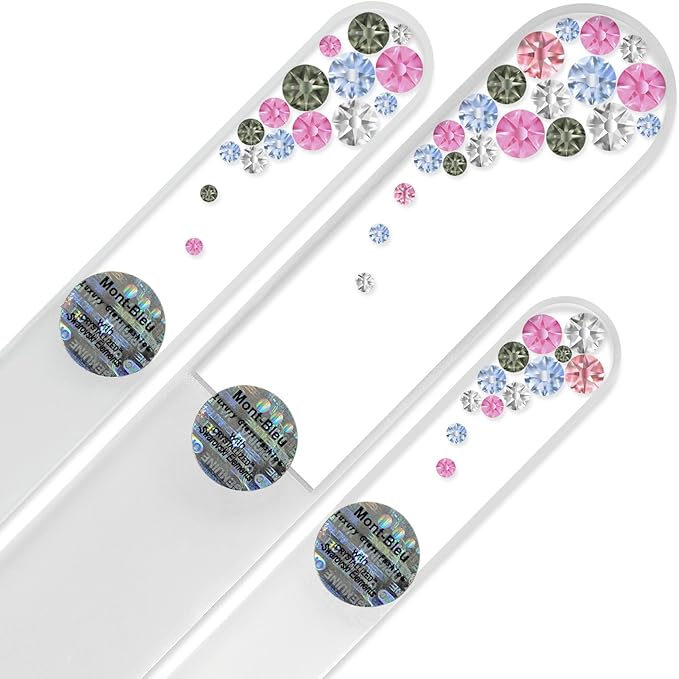 Mont Bleu Set of 3 Glass Nail Files Hand Decorated with crystals - in Black Velvet Sleeve - Genuine Czech Tempered Glass - Handmade Crystal Nail Files