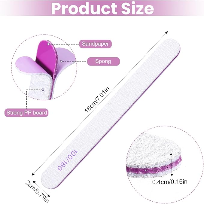 150 Pcs 100/180 Grit Nail Files, Double Sided Emery Boards, Washable Reusable Nail Buffers, Manicure Tools for Natural Acrylic Toenails Home and Salon Use