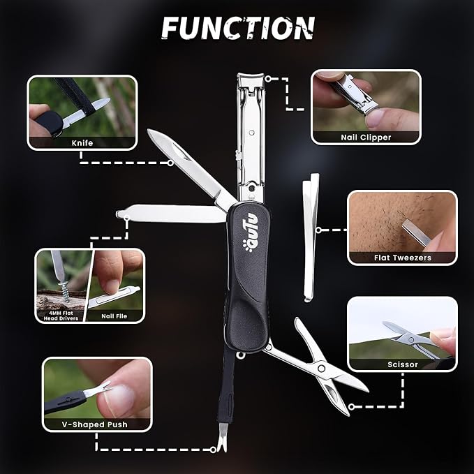 OUTU Keychain Nail Clippers Multitool, 7 in 1 EDC Utility Tool with Nail Clipper, Scissors, Gifts for Him Men Husband Dad Boyfriend (Black)