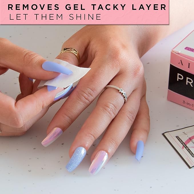 AIRRE 50 Professional Alcohol Prep & Shine Nail Wipes (3in1) Alcohol Wipes for Gel Nails, Acrylic Nails, Press-On Nails & Tips. Removes Sticky Gel Layer Residue, Preps UV/LED Gel Polish & False Nails