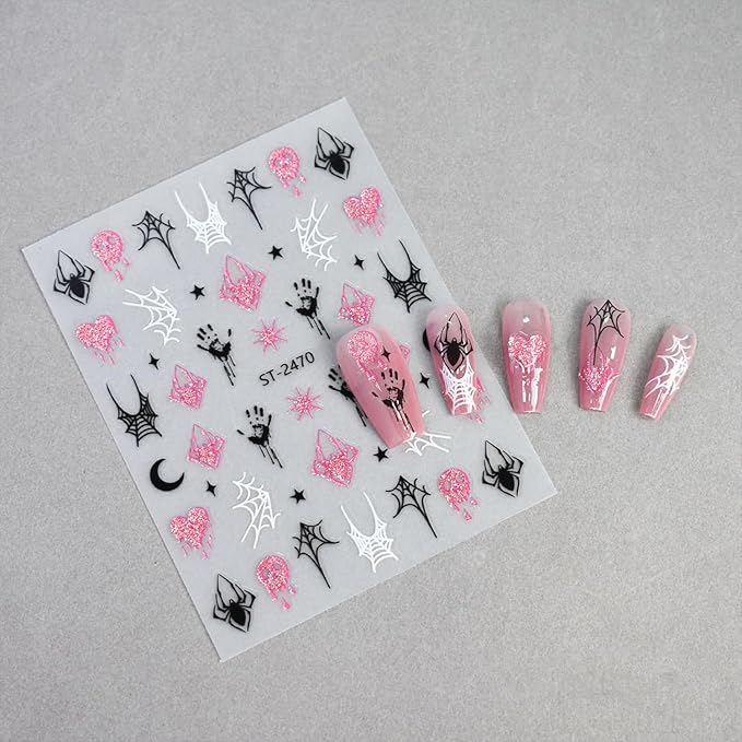 6 Sheets Halloween Nails Stickers Cute Mummy Pumpkin Nails Art Stickers 3D Self-Adhesive Supplies Nail Decal with French Tip Glitter Spider Web Design Nail Sticker for Nail Art Women's DIY Decoration