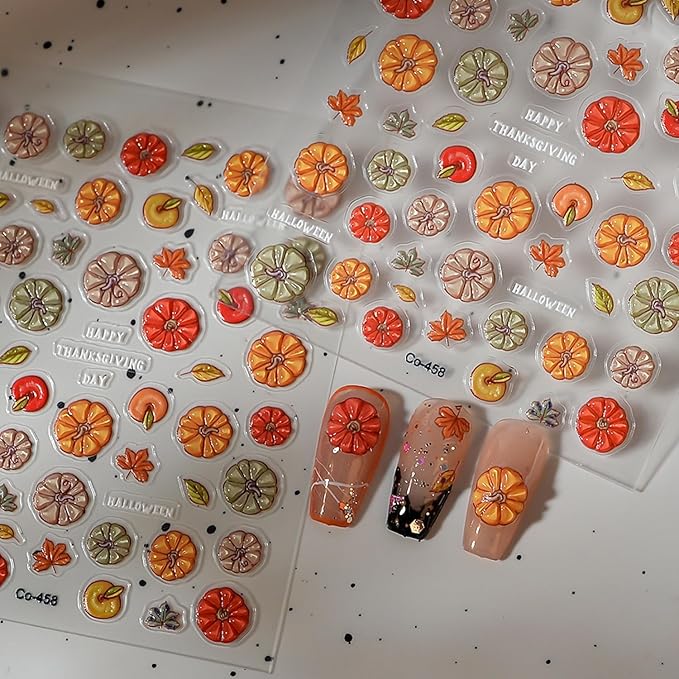 Halloween Pumpkin Nail Stickers 1 Sheets Pumpkin Jelly Nail Decals 5D Self-Adhesive Cute Pumpkins Nail Art Sticker Fall Thanksgiving Nails Design Sticker for Women DIY Phone Case Stickers Nail Decor