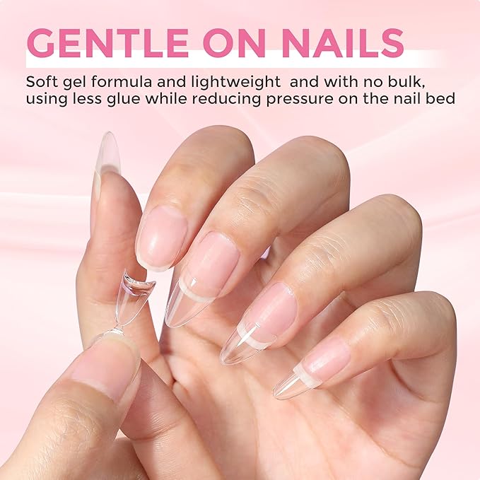 Almond Nail Tips, 504PCS Pre Etched Half Cover Fake Nails Tips, 12 Sizes Medium Almond Shape Clear Soft Natural Acrylic Press On Gel Nail Extensions DIY Salon